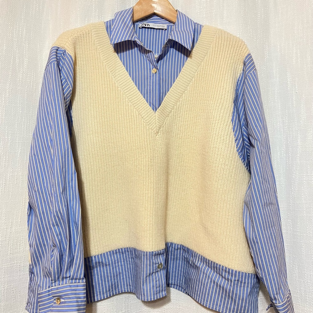 ZARA Cream and Blue Mixed Knit Dress Shirt With Sweater Vest (Oversized XS-S) - Picture 1 of 3